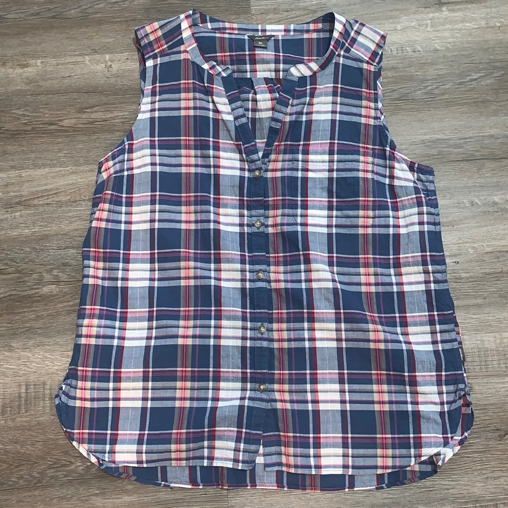Eddie Bauer Plaid Button-Down Sleeveless Blouse with Backpack